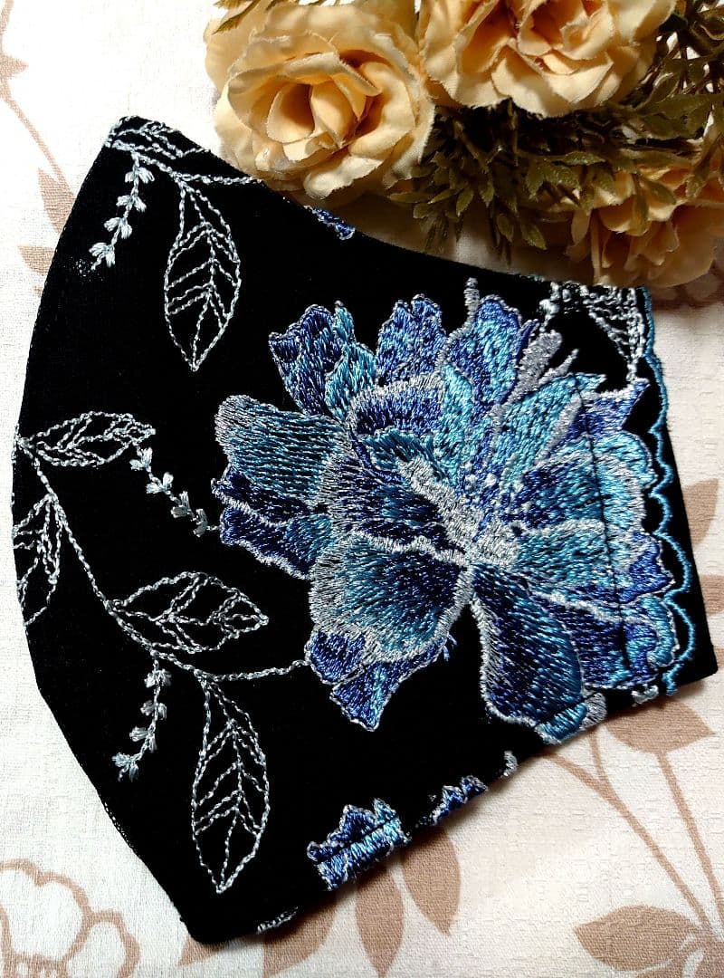 Ｎｏ．4015 銀糸ラメ入りアクア花柄チュールレース♡ハンドメイドマスク