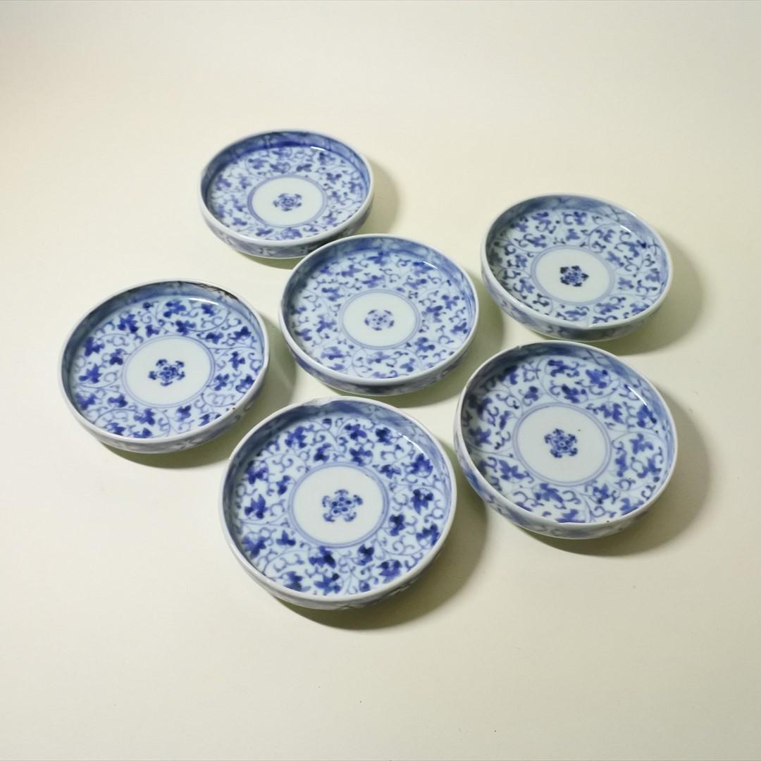 江戸中期～後期　古伊万里　染付　みじん唐草　小皿　６枚　骨董品　アンティーク　k