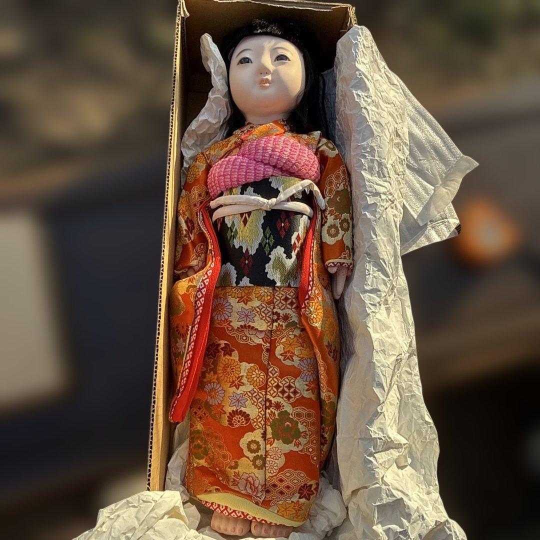 市松人形 黒髪 オレンジと白の着物　SALE!