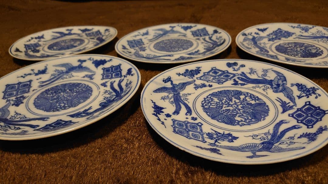 李朝　古染付　古伊万里　伊万里　染付　鳳凰の図　蔵出し　５客