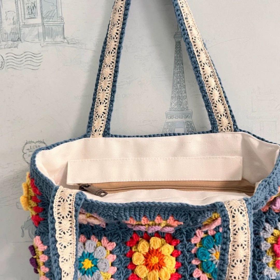 カラフル花柄かぎ針編みトートバッグ